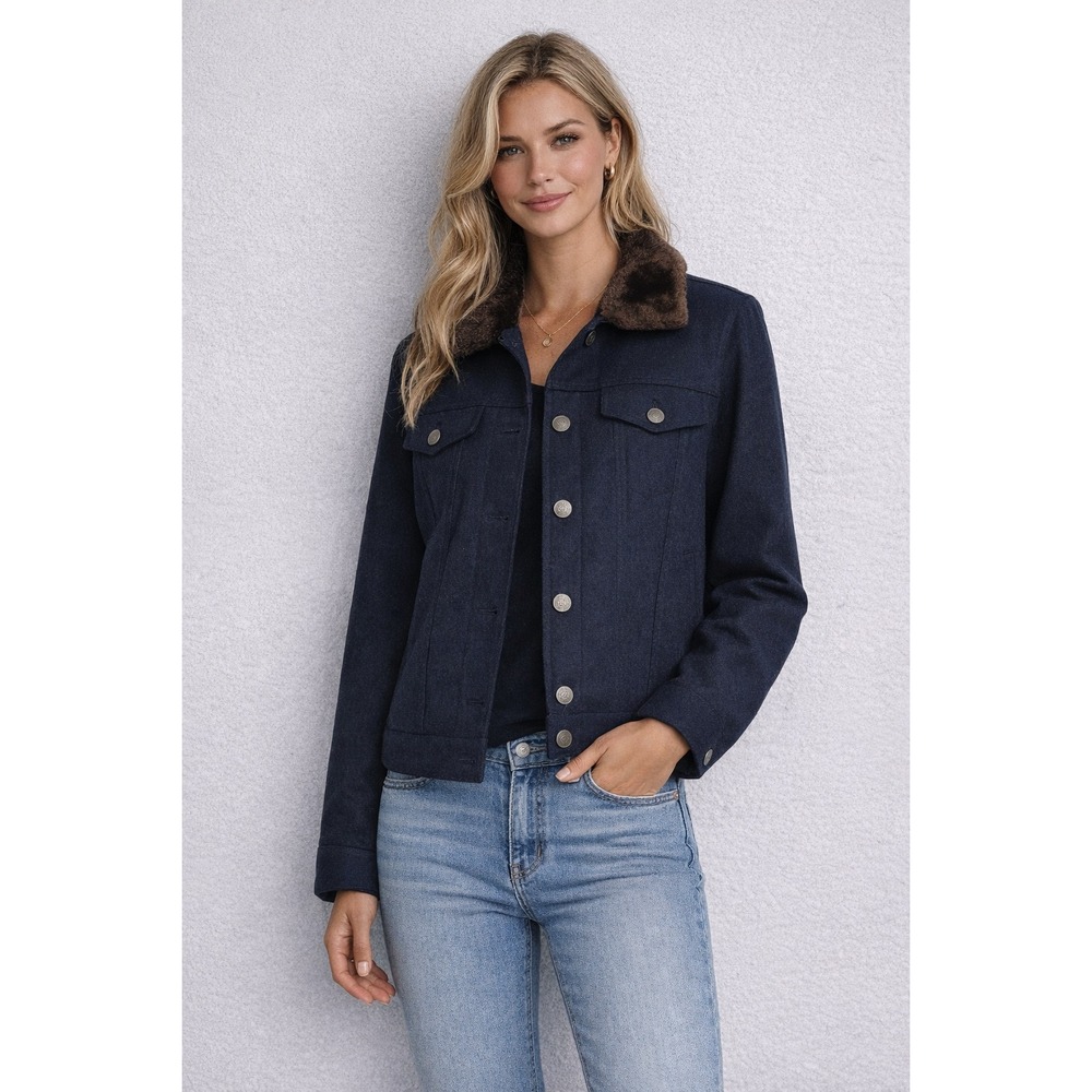 GAP Navy Blue‎ Wool Blend Jacket Faux Fur Collar Cropped Button Front Coat Large